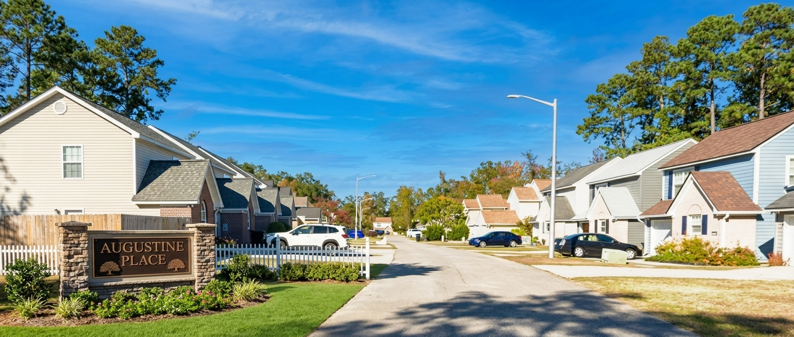 Augustine Place entrance sign and neighborhood street